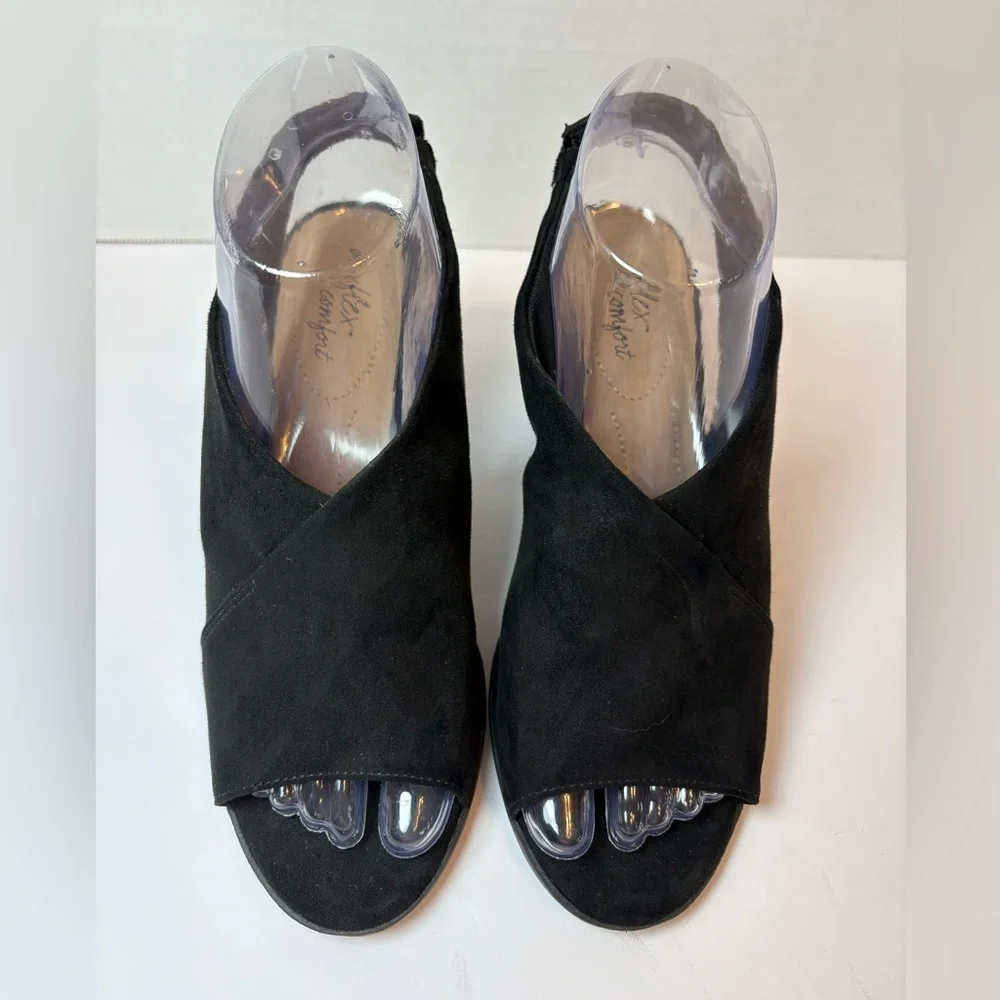 DexFlex Comfort black faux suede open toe slingback wedge heel sandals size 7